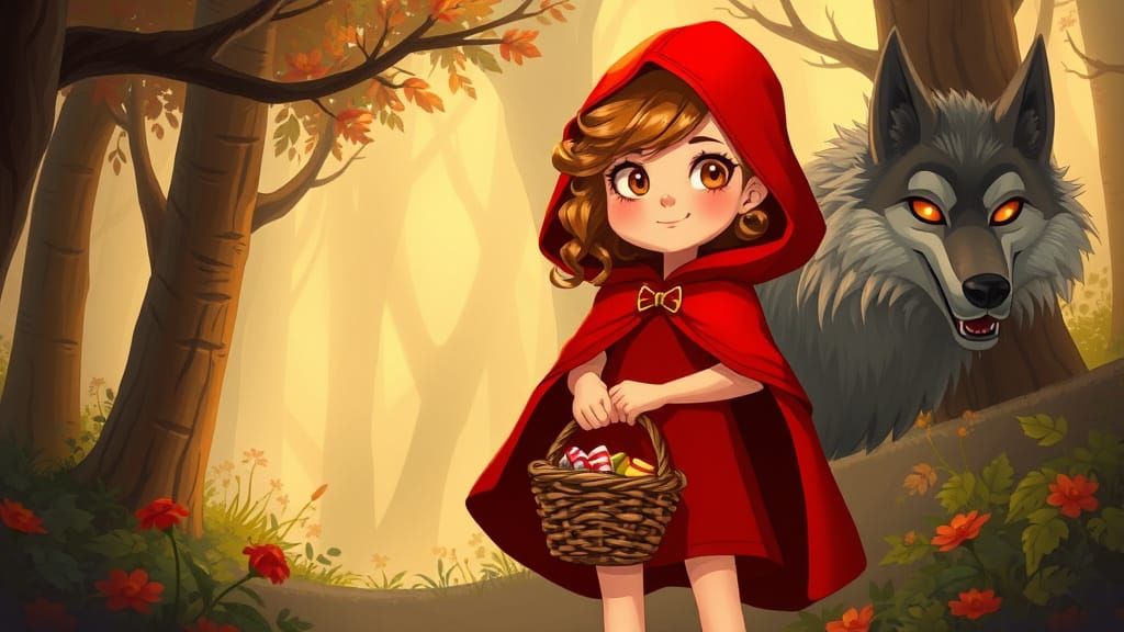 Little Red Riding Hood and Wolf in Mystical Forest