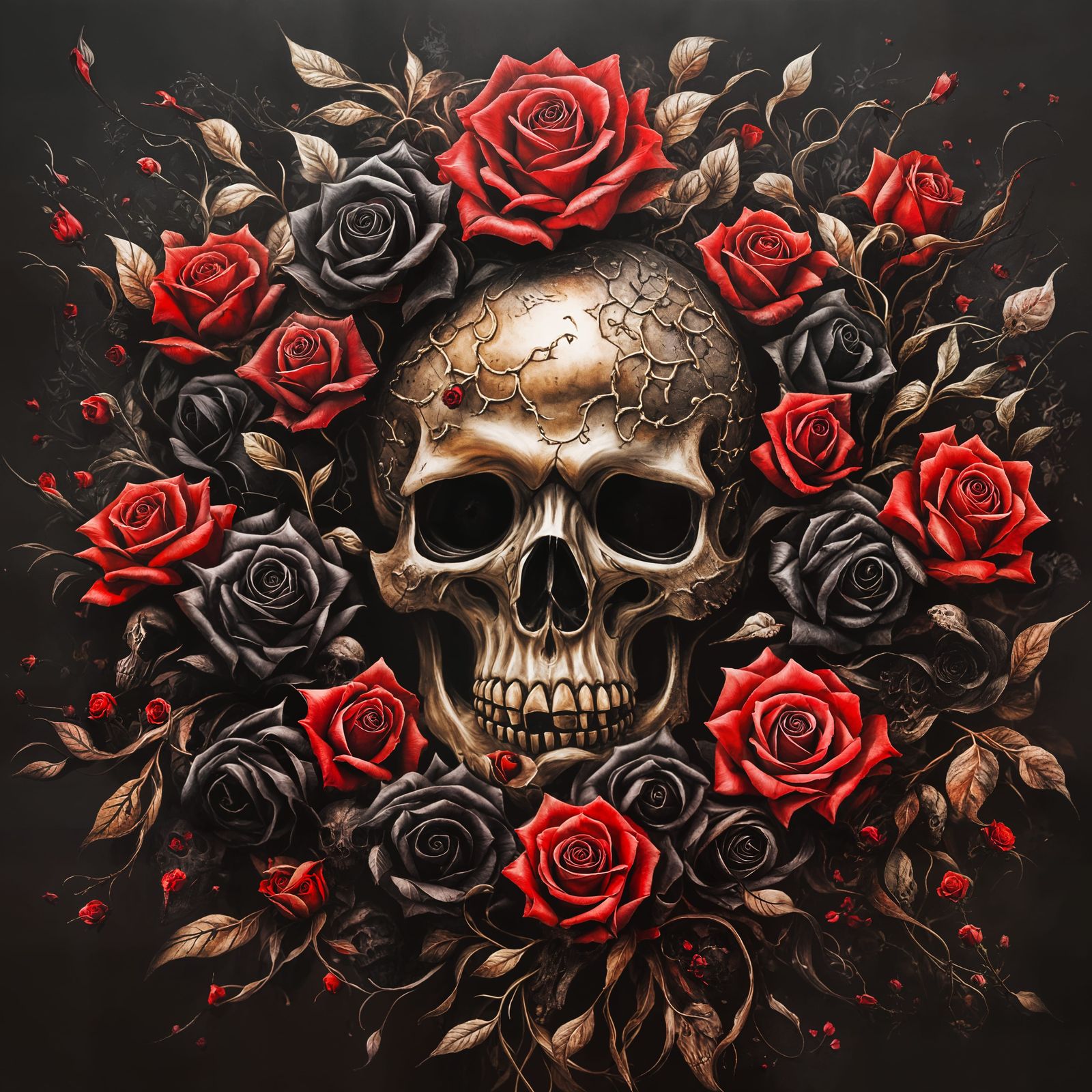Skull and Roses: A Dark Surrealist Oil Painting