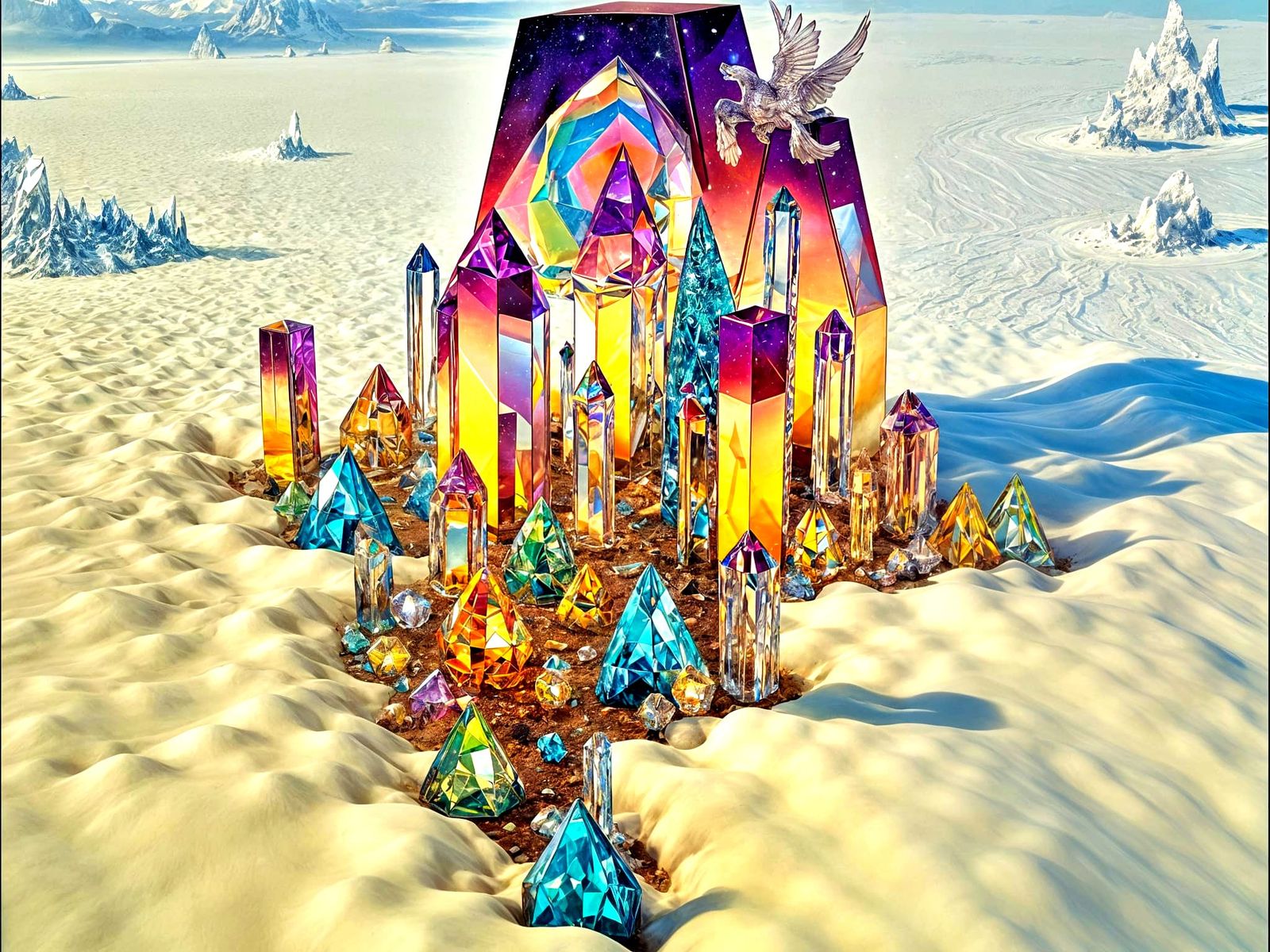 Crystal Mountains Reflecting Light in Moebius Style