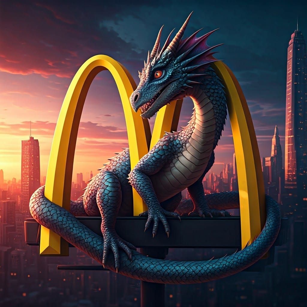 Majestic Baby Dragon Wraps Golden Arches in Iridescent Scale...