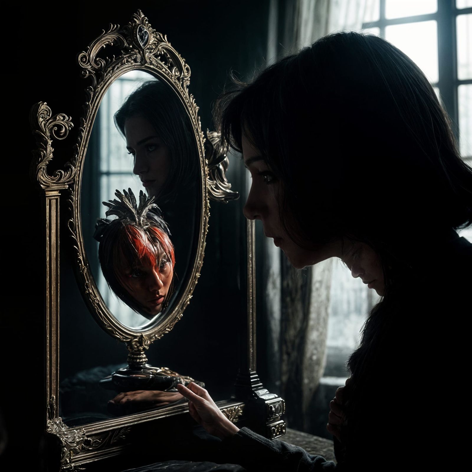 Broken Mirror Reflecting a Creepy Figure