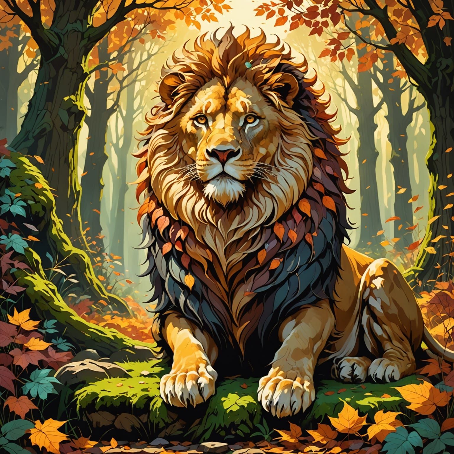 Autumn Lion King on Forest Throne