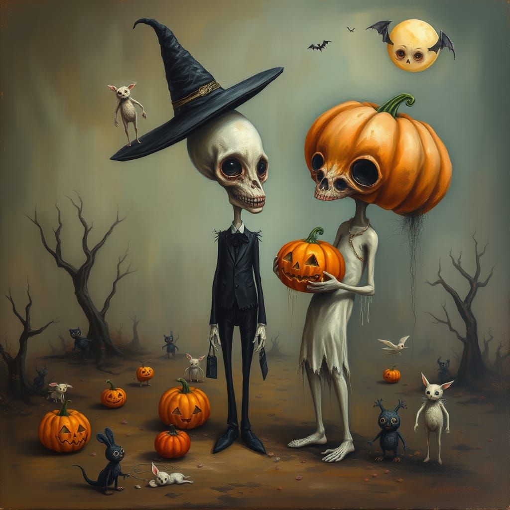 Surreal Halloween Painting of Elongated Figures