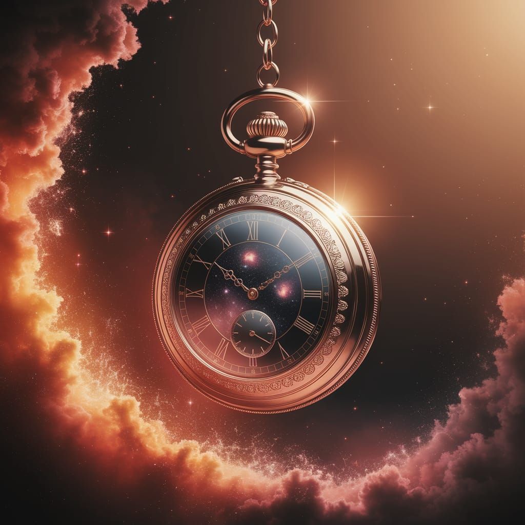 Golden Pocket Watch in Cosmic Nebula - AI Art