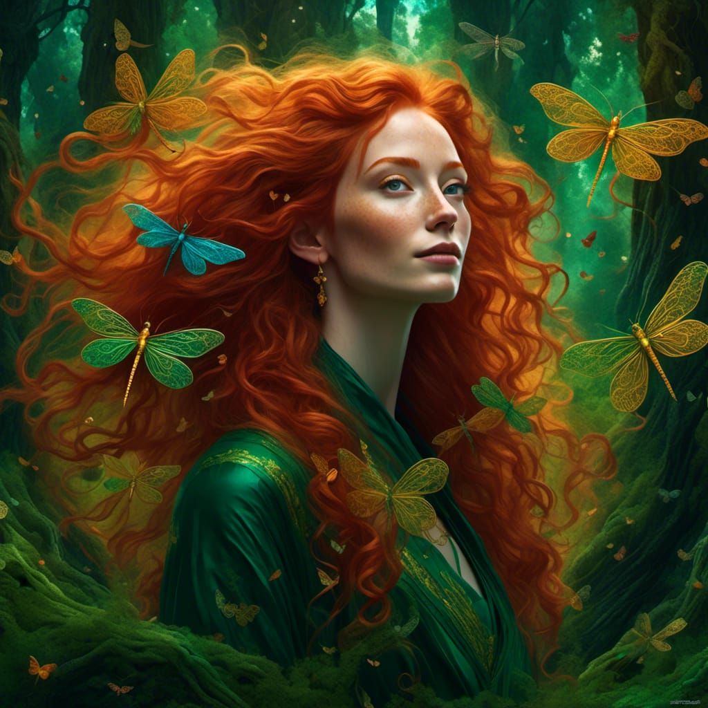 Redhead Woman in Swirling Fantasy Forest Portrait