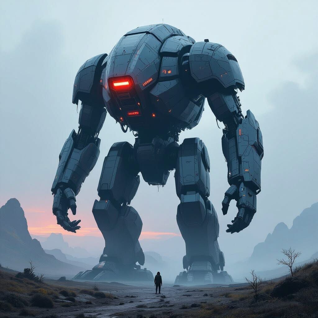 Colossal Mechanical Creature in Cyberpunk Landscape