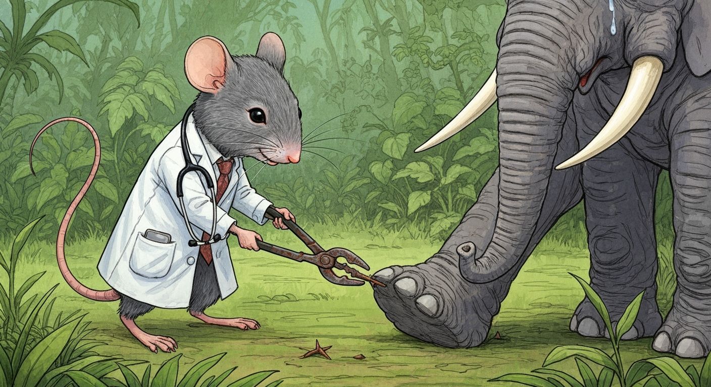 Doctor Mouse Aids Crying Elephant in Jungle Clearing