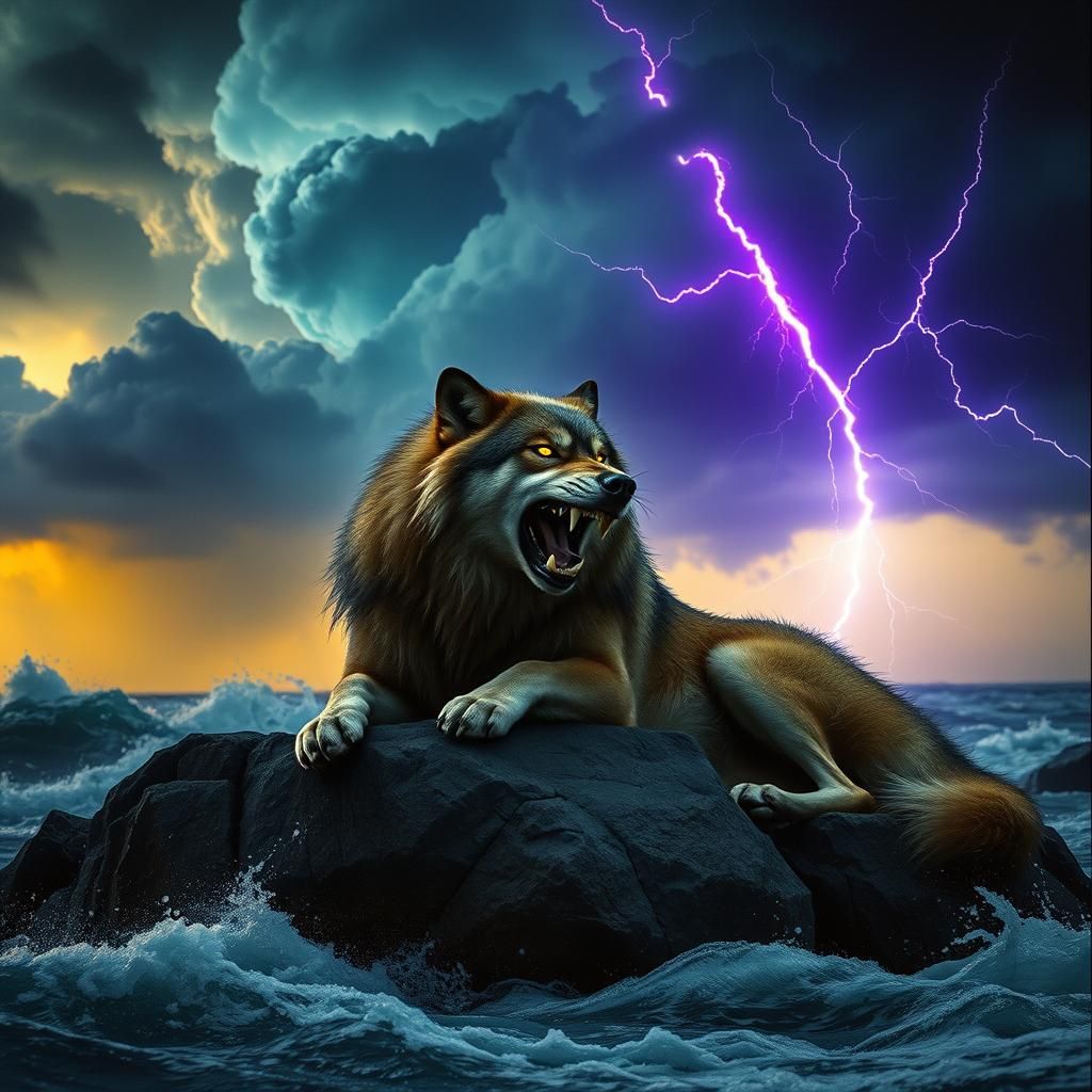 Majestic Wolf in Stormy Sea, Cinematic Style
