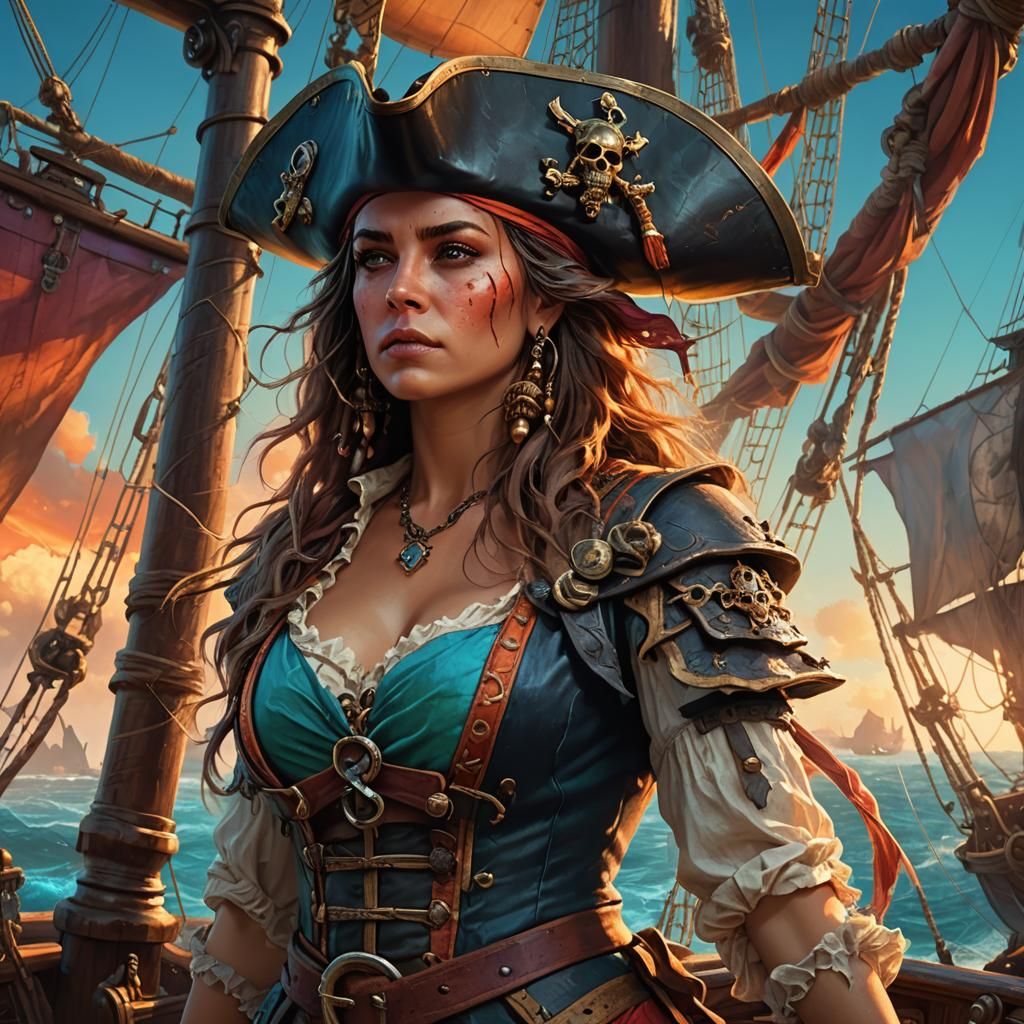 Pirate Woman on Ship Bow in Hyperrealistic Style