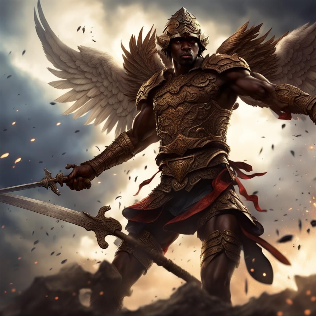 Armored Igbo Angel on Battlefield in Dark Fantasy Style