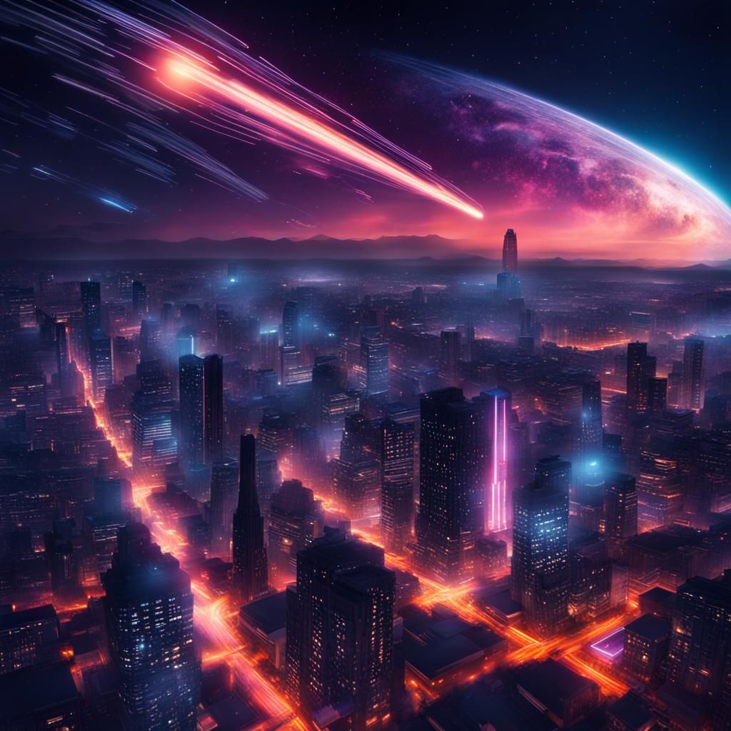 Comets Over Neon City: Hyperrealistic Nightscape