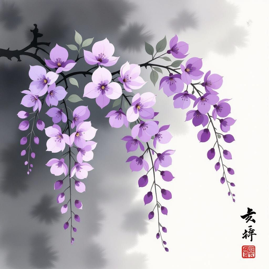 Sumi-e Wisteria Blossoms in Minimalist Japanese Style