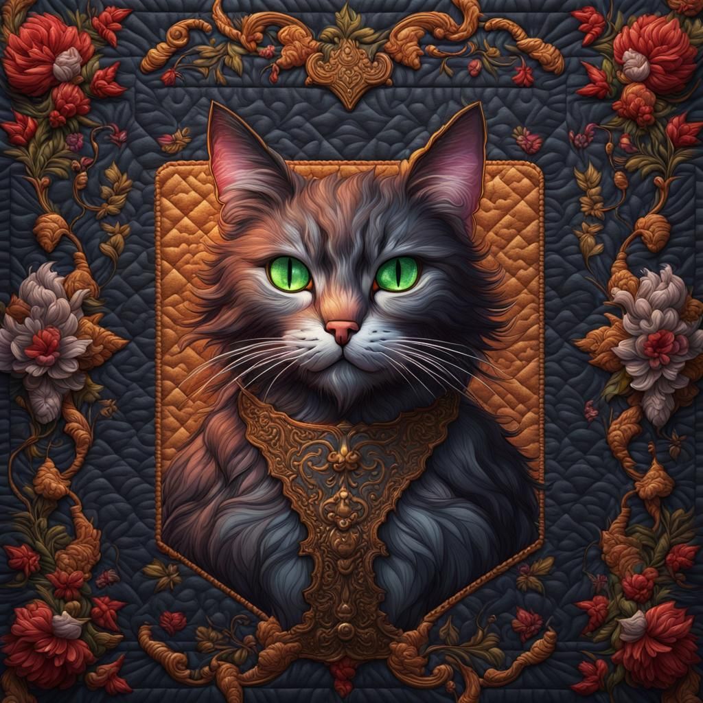 Detailed Cat Embroidered Quilt: Fantasy Concept Art