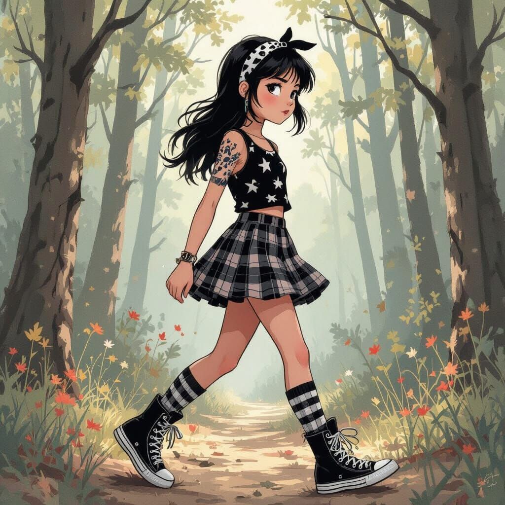 Teenage Girl Walking in Woods in Digital Painting Style