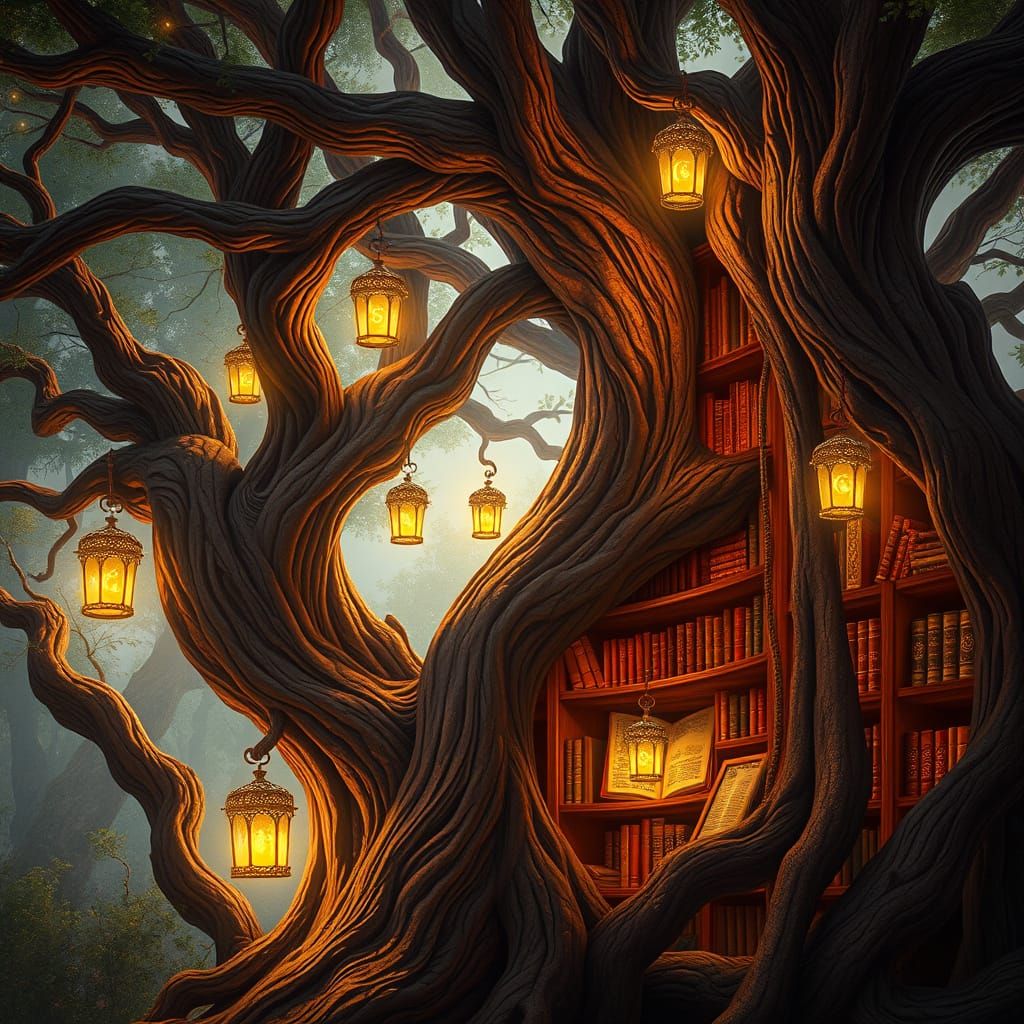 Whimsical Oak Tree Library in Warm, Golden Light