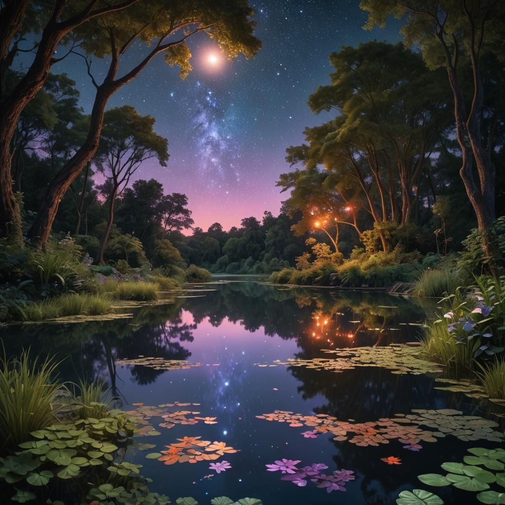 Starry Pond Reflection in Lush Landscape
