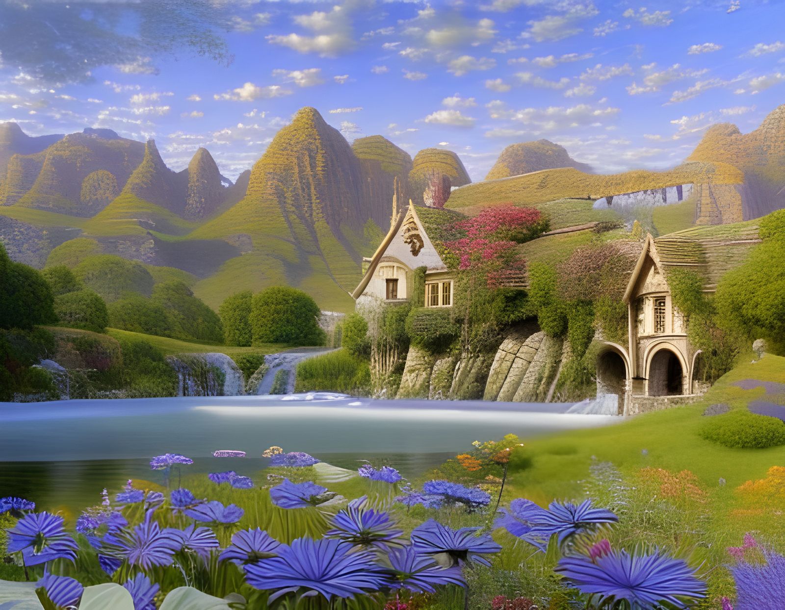 Stone Cottage with Waterfalls, Mountains and wildflowers   - 2656