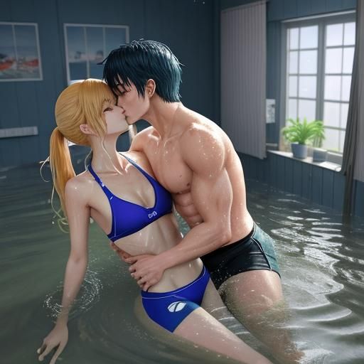 Anime Couple Kissing in Flooded Bedroom