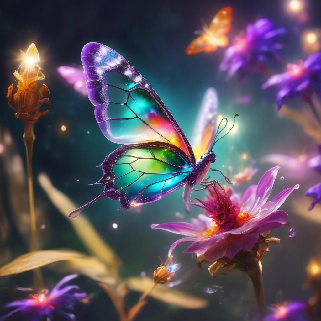 Crystal Butterfly on Liquid Glass Flower