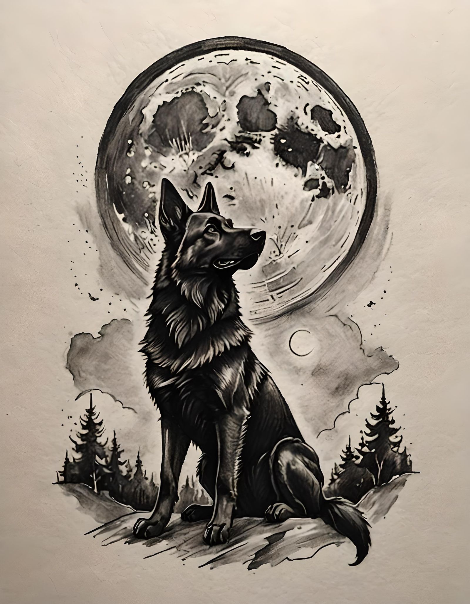 German Shepherd Howling Tattoo in Black Ink