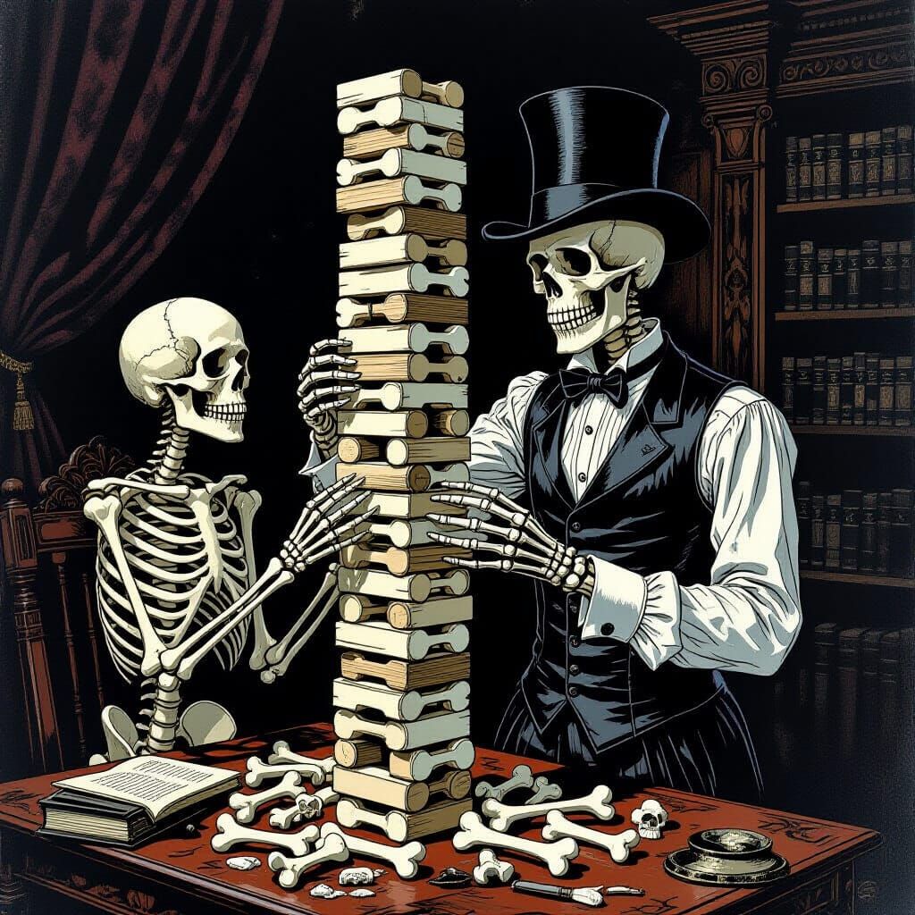 Skeletons Play Bone Jenga in Victorian Gothic Study