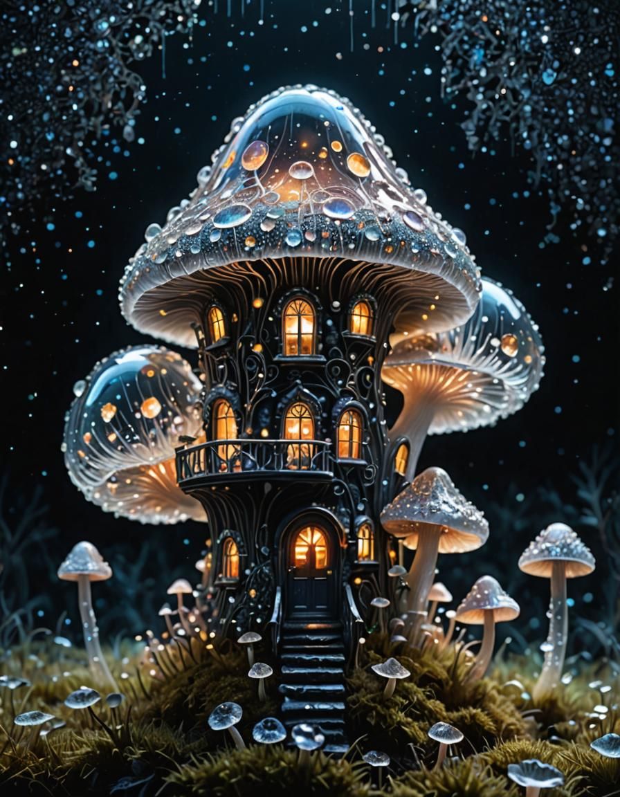 Sparklecore Mushroom House Against Starry Night