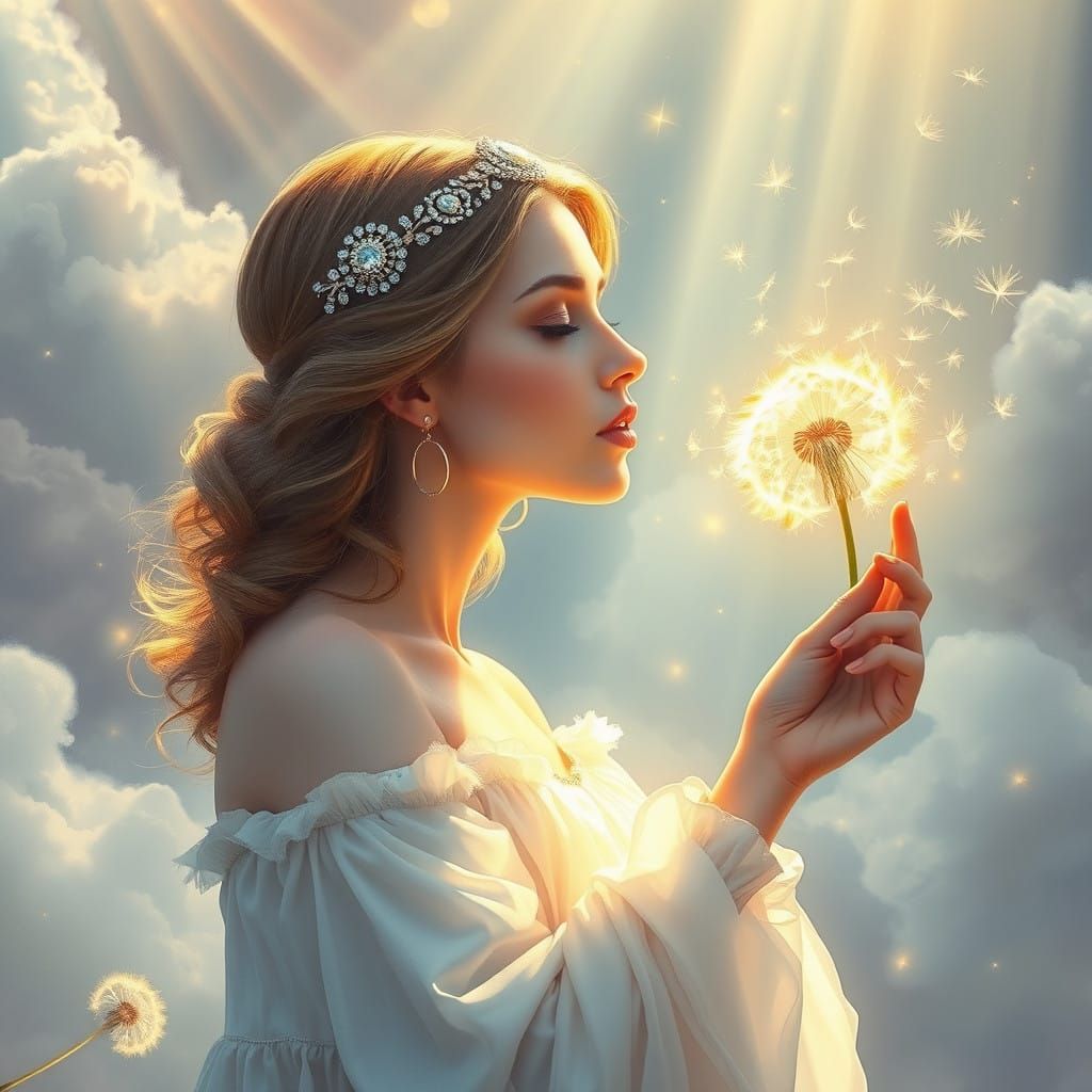Ethereal Goddess Blows Dandelion Seeds into Iridescent Light