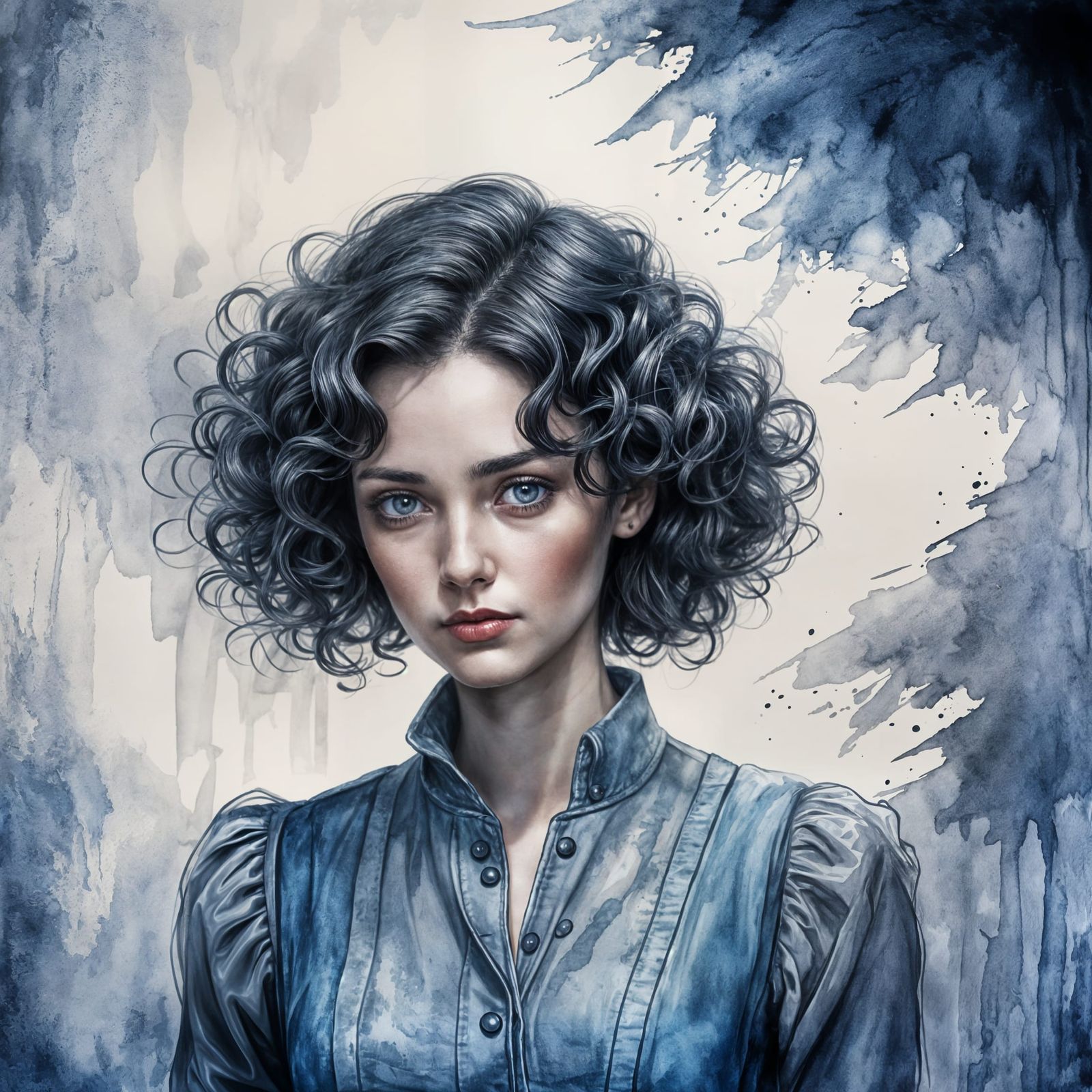 Monochromatic Watercolor Portrait of a 1930s Woman