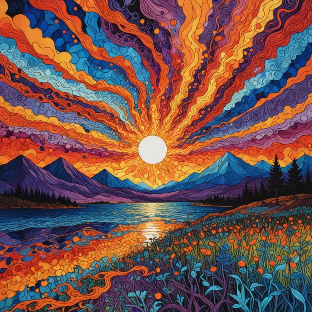Surreal Sunset Landscape in Vibrant Alcohol Ink