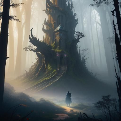 Mystical Hooded Figure in Ancient Forest, Digital Matte Pain...