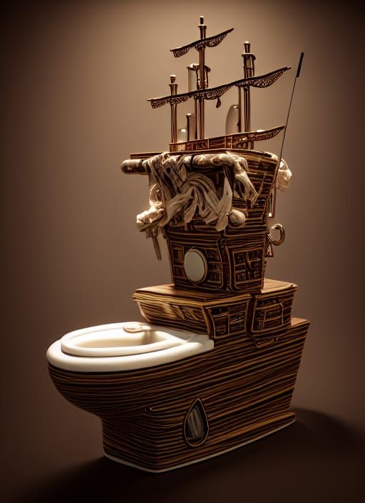 Pirate Ship Sails in Porcelain Toilet