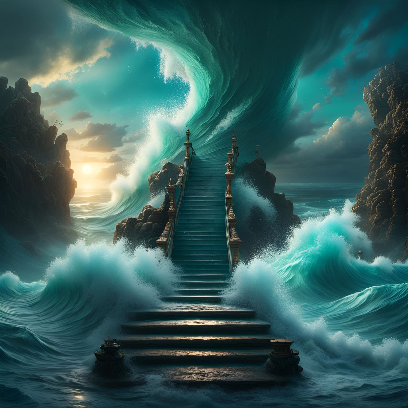 Stairway Ascending into a Turquoise Tsunami
