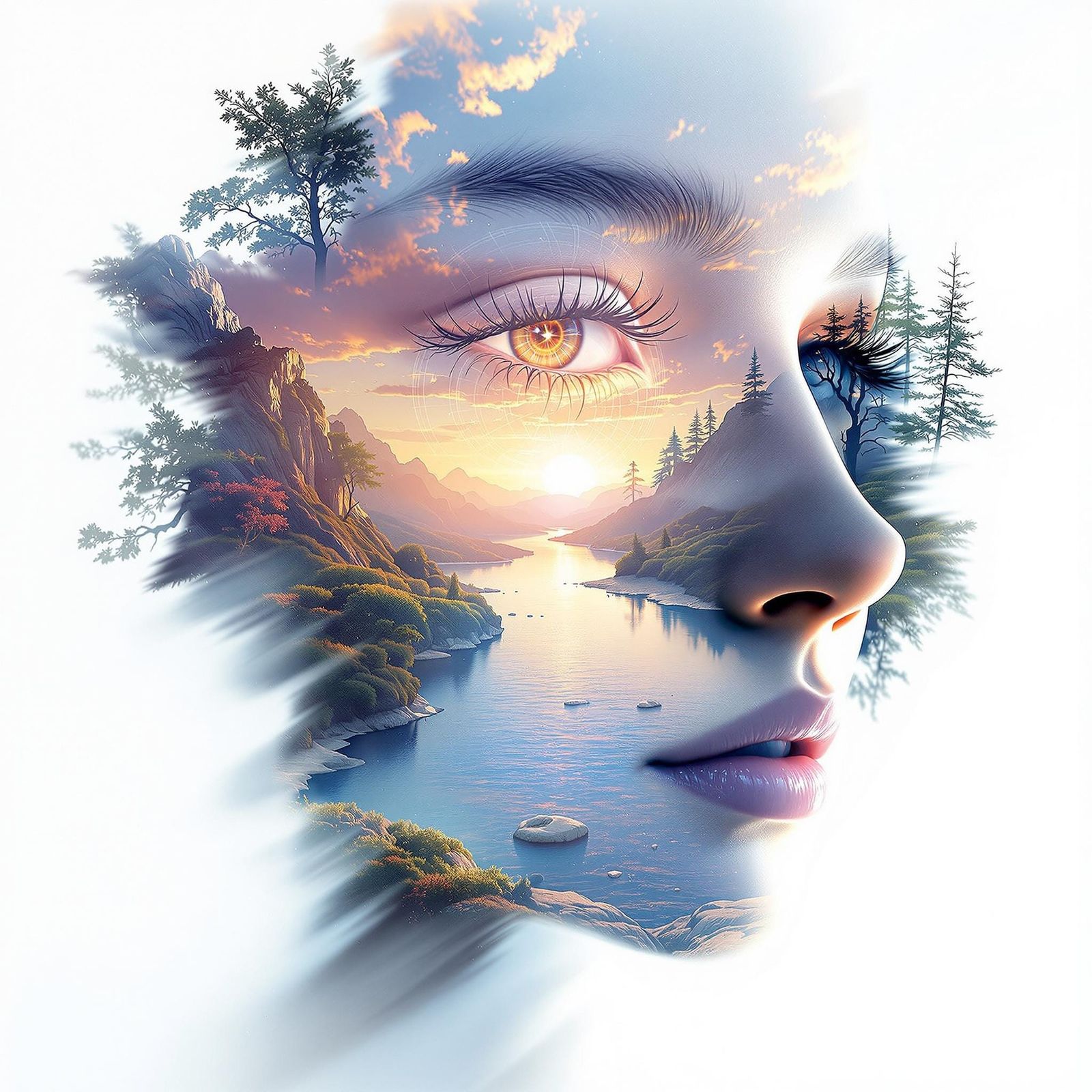 Double Exposure Portrait: Sunrise River Dreamscape