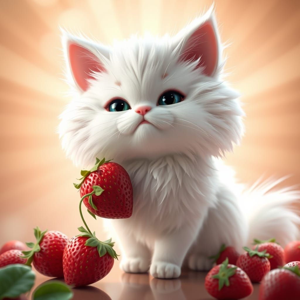 Whimsical Strawberry Cat in Vibrant 3D Digital Art