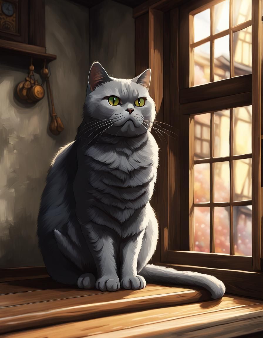 Grumpy Cat in Medieval House, Ghibli Style