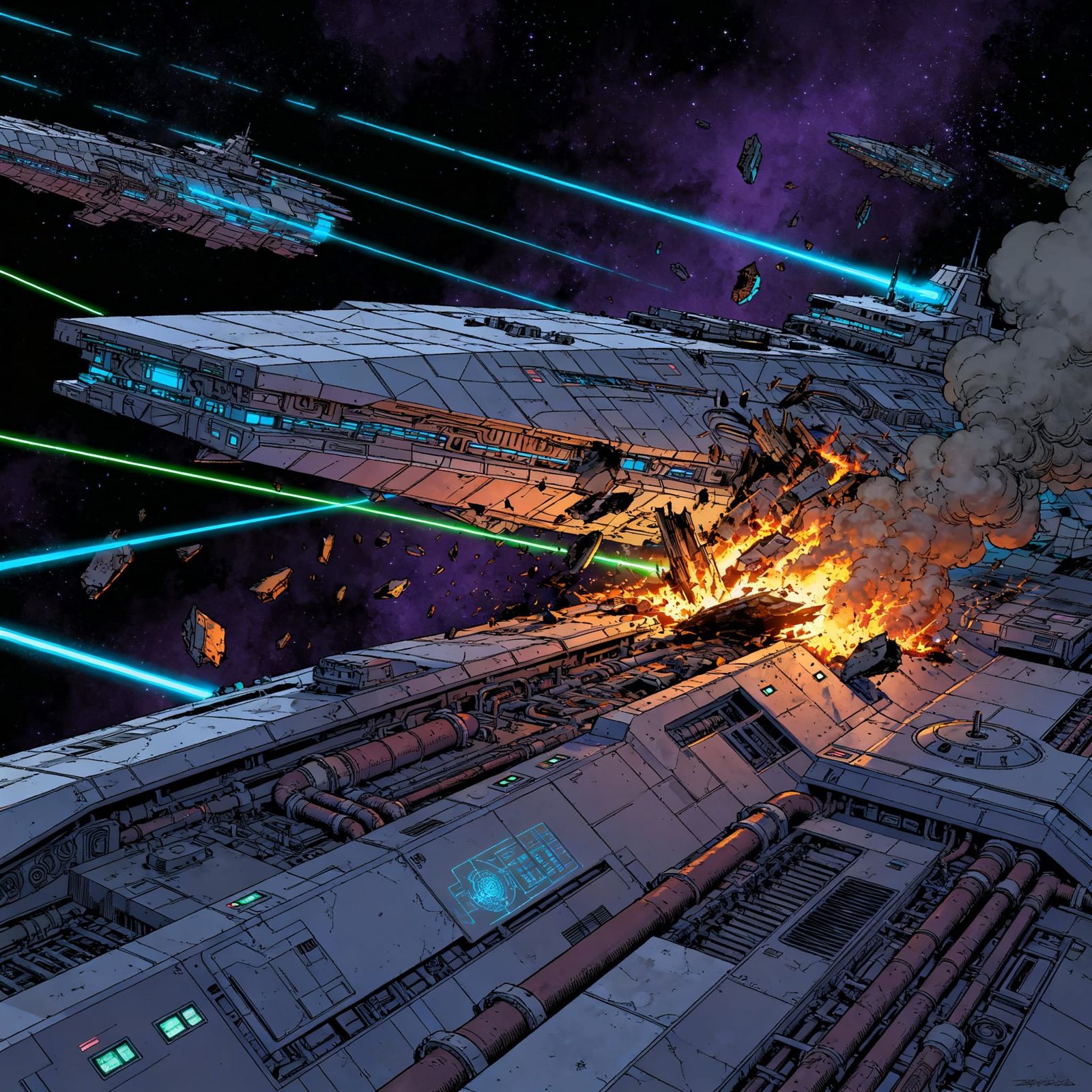 Epic Space Battle with Fiery Wreckage