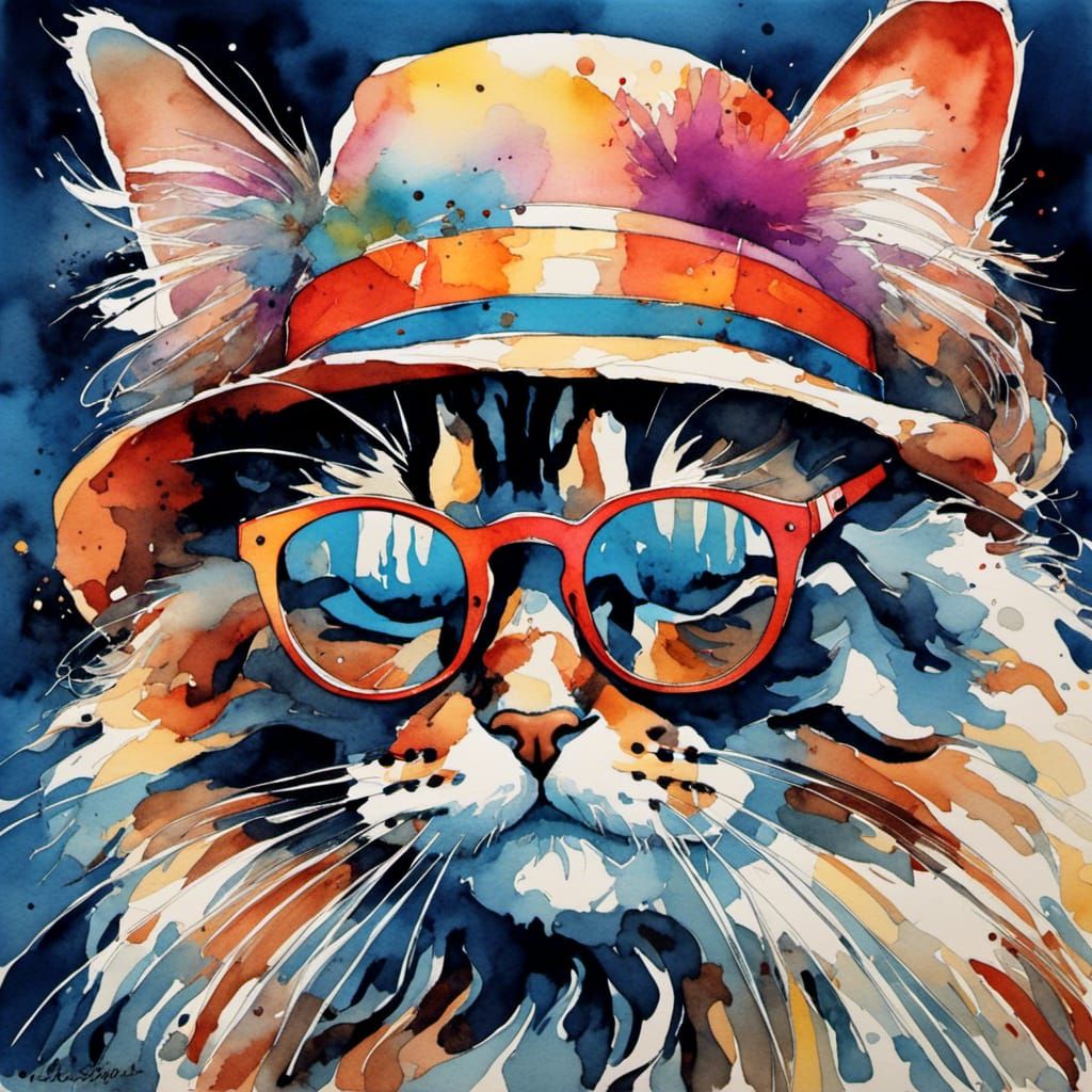 Cool Cat on the Beach in Watercolor Style