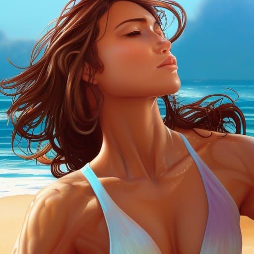 wet tanned large breasted muscular enhanced realistic female physique, realistic face, relaxing, at beach, sunny day, 4k