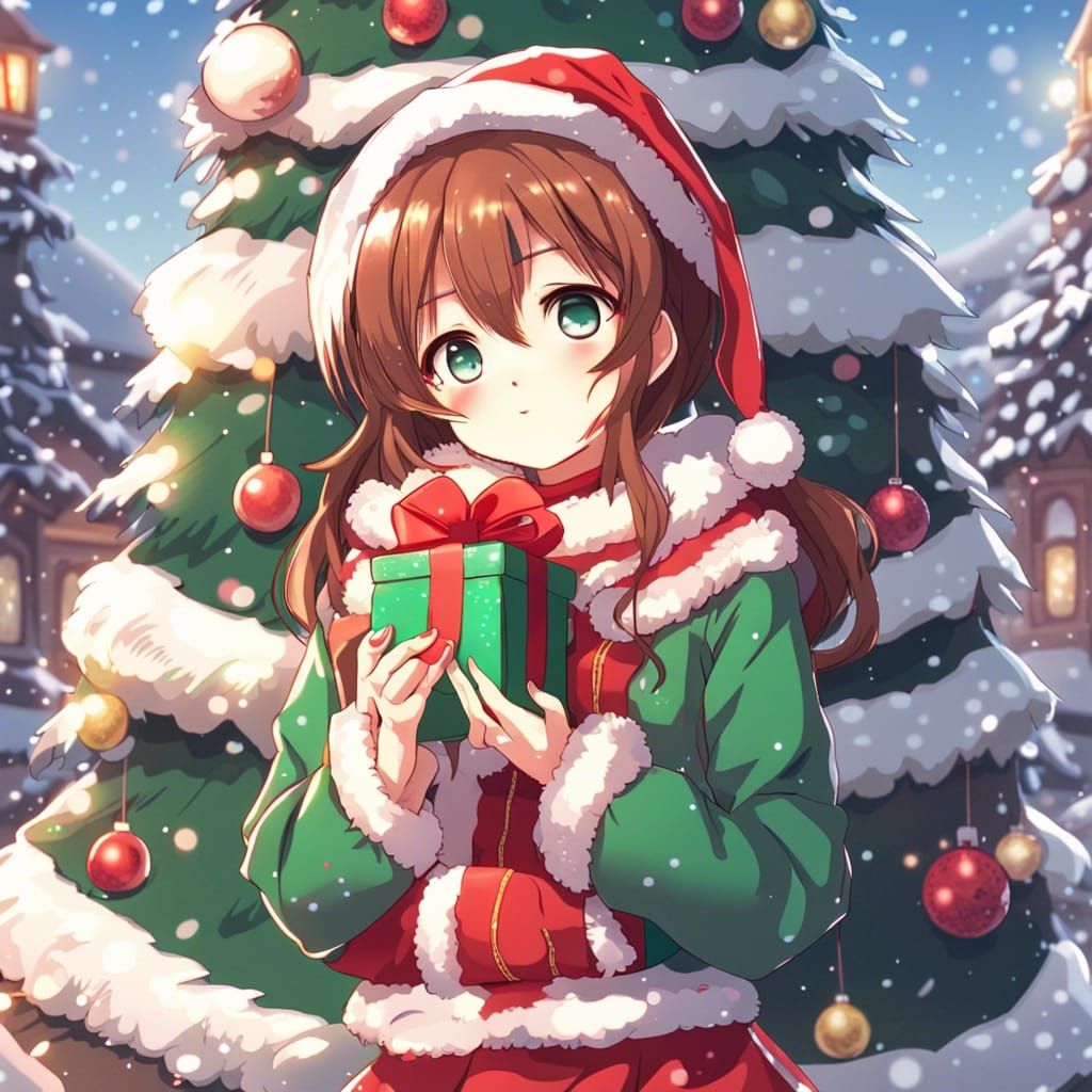 Anime Girl in Christmas Outfit with Gift