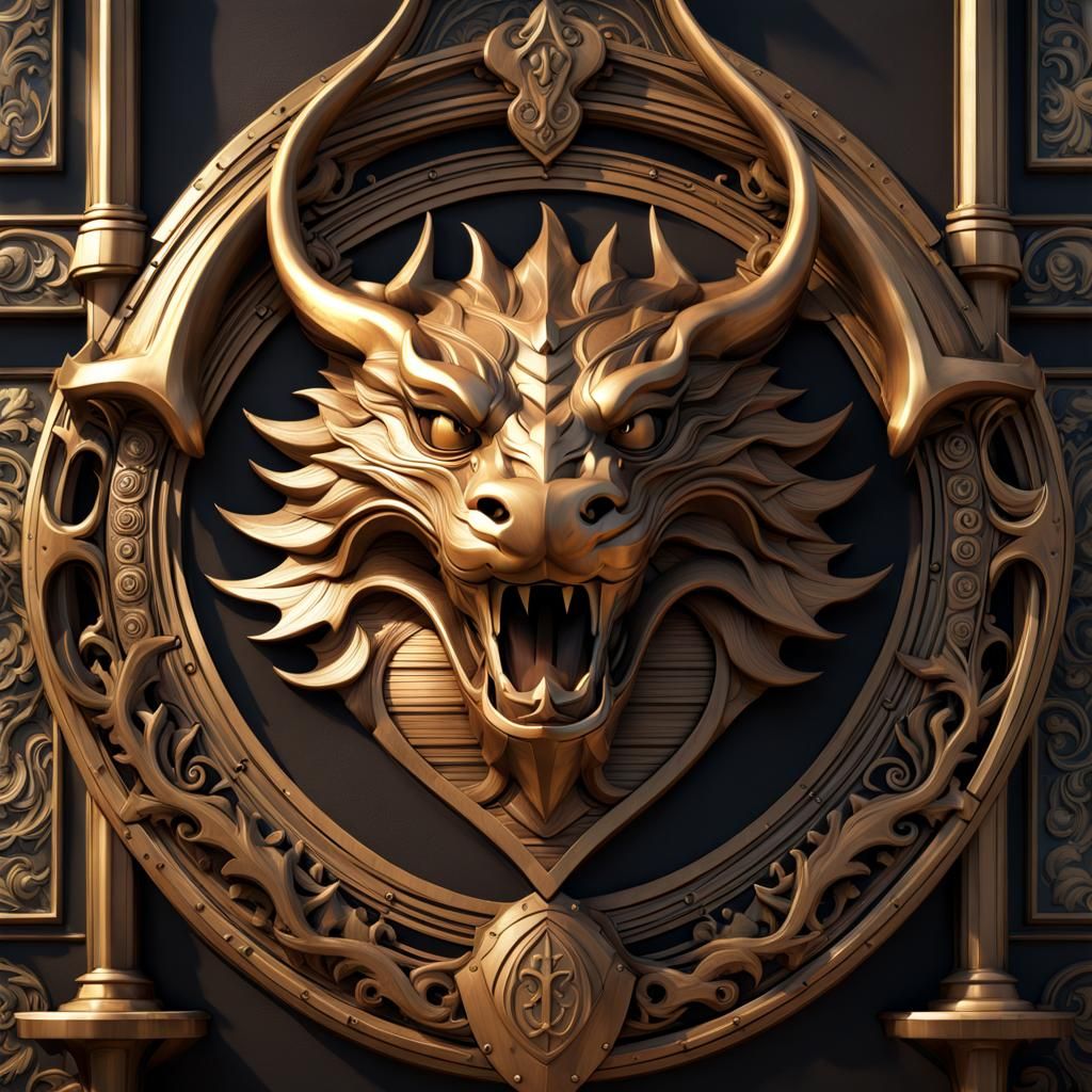 Fantasy Family Crest with Dragon Head in Steampunk Style