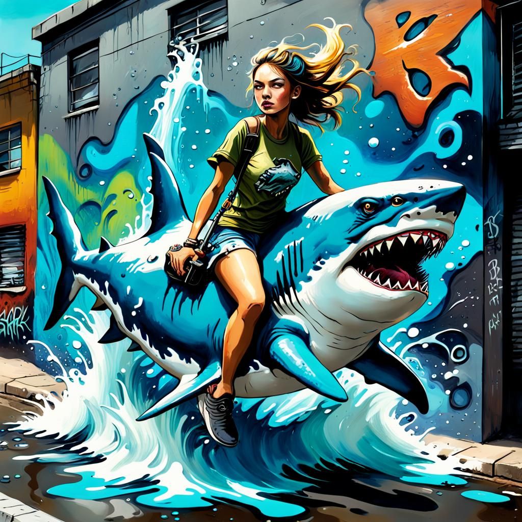 Shark graffiti morphing to life