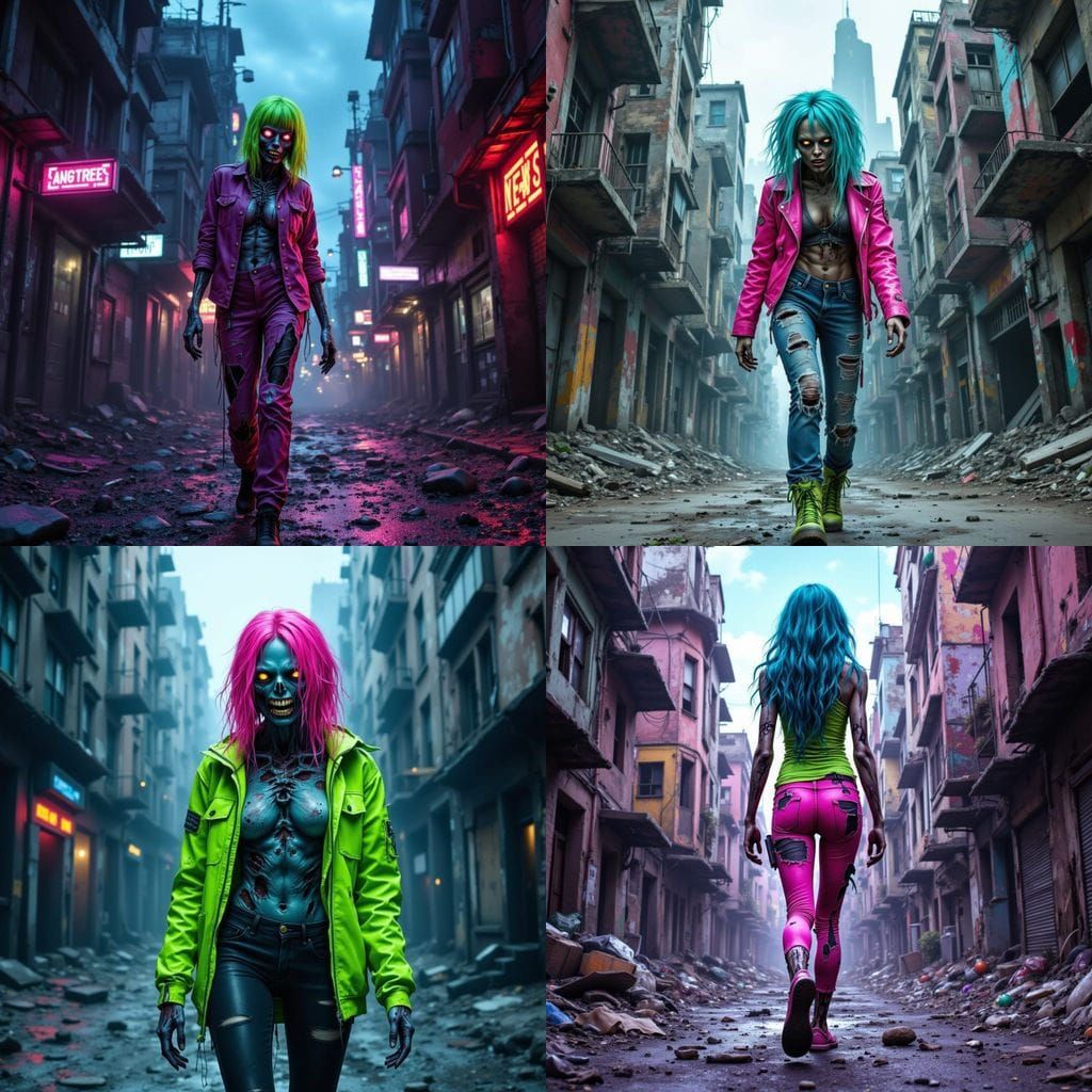 Neon Zombie Walks Down City Streets