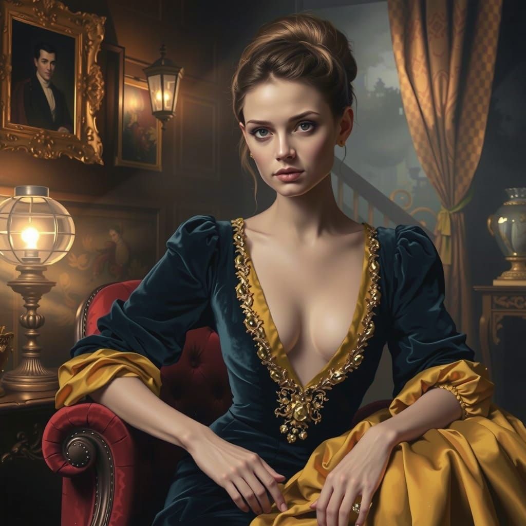 Regal Monarch in Lavish Throne Room, Oil Painting in Classic...