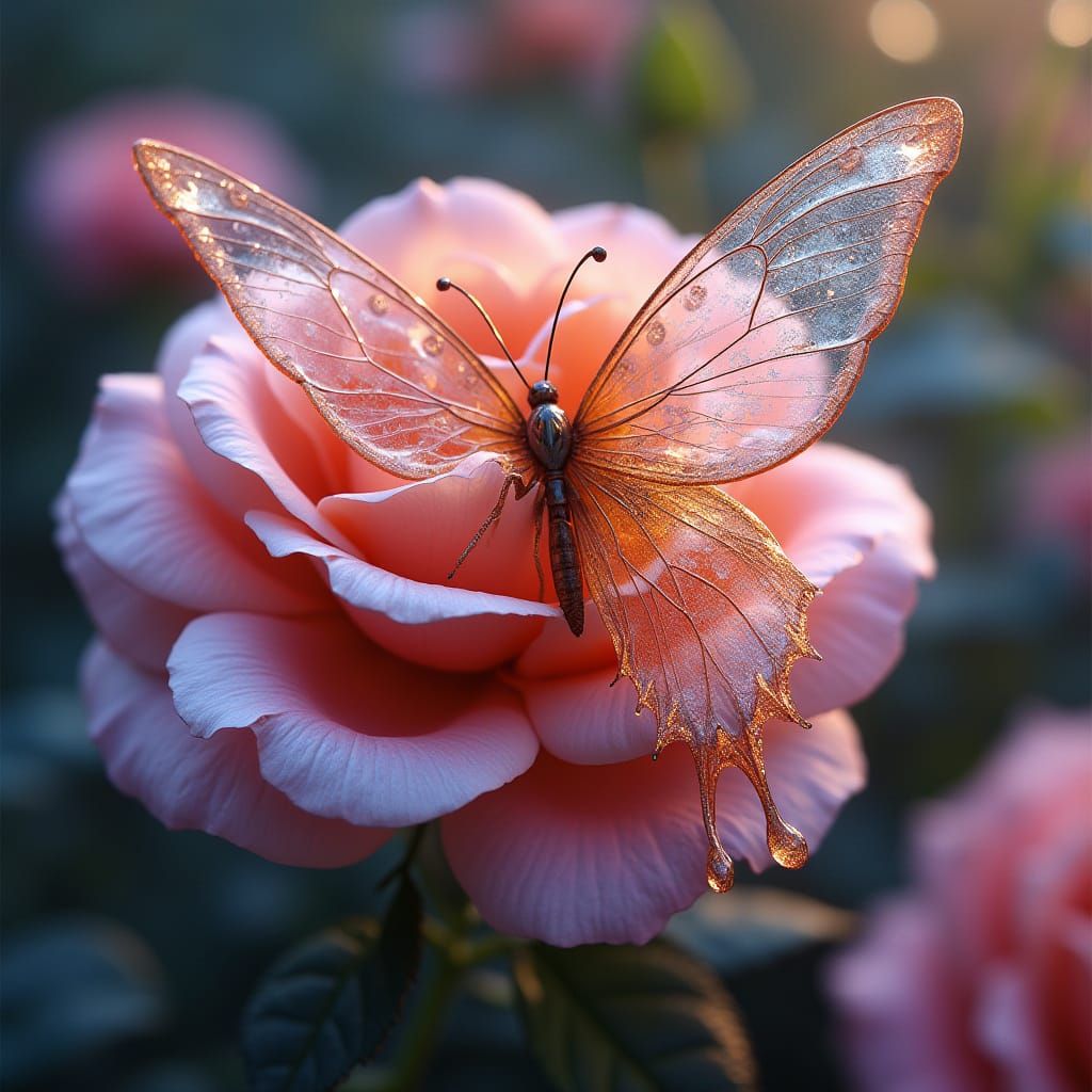 Glass Butterfly on Alcohol Ink Rose in Tenebrism Style