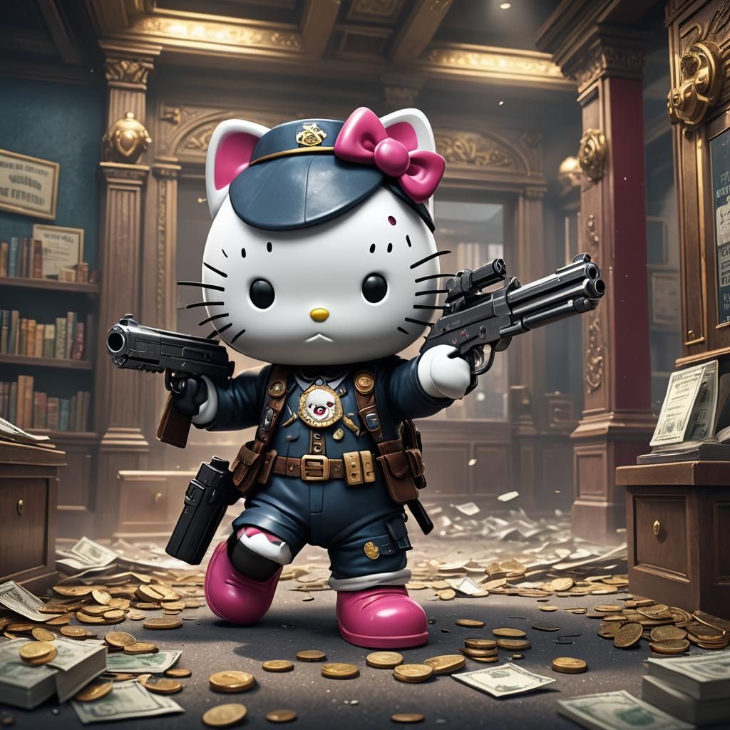 hello kitty robbing a bank with a gun