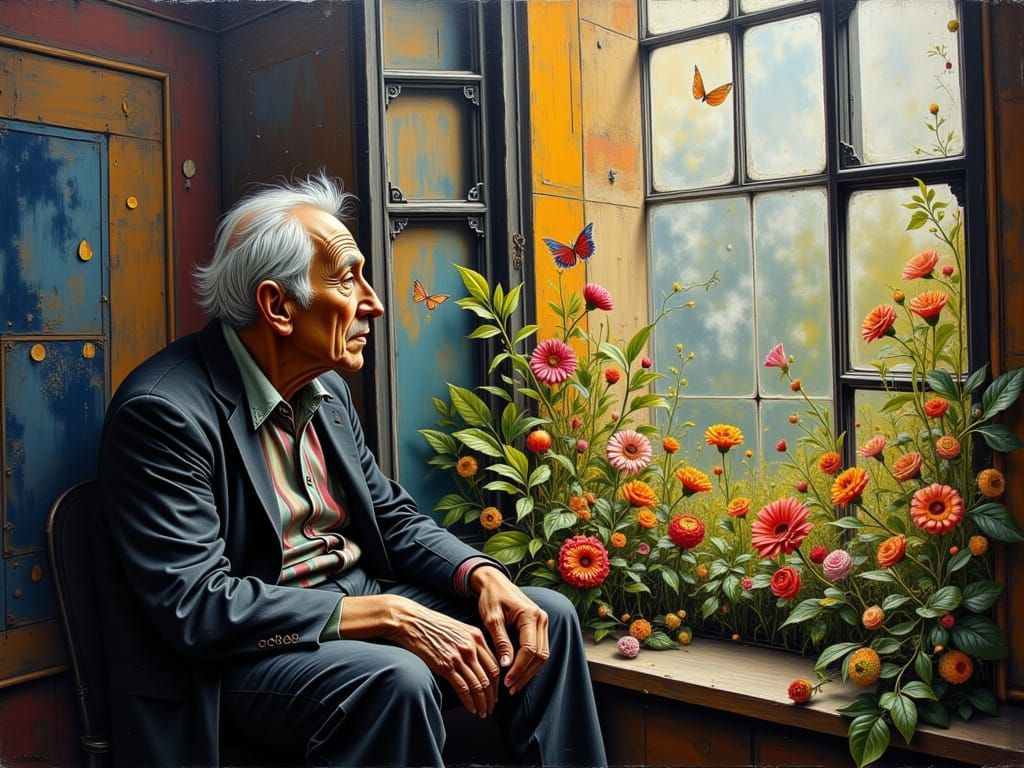 Expressive Oil Painting of Man Losing Memories