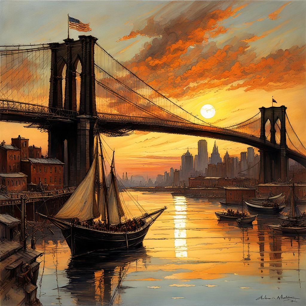Brooklyn Bridge Sunset, Historical Oil Painting