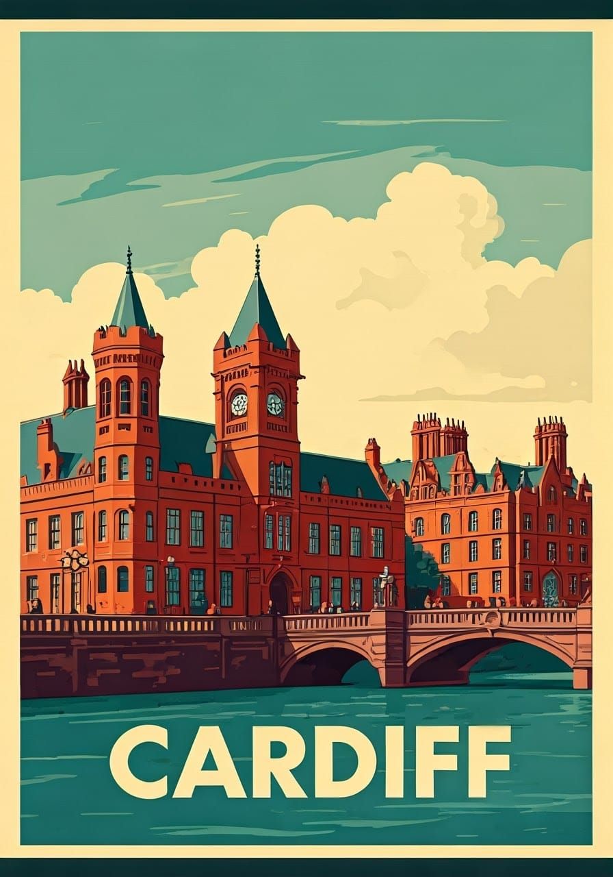Cardiff Wales Vintage Travel Poster Illustration