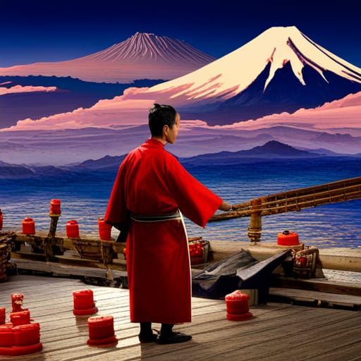 Japanese Fisherman at Sea with Mount Fuji