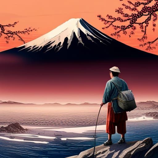 Japanese Fisherman at Sea with Mount Fuji